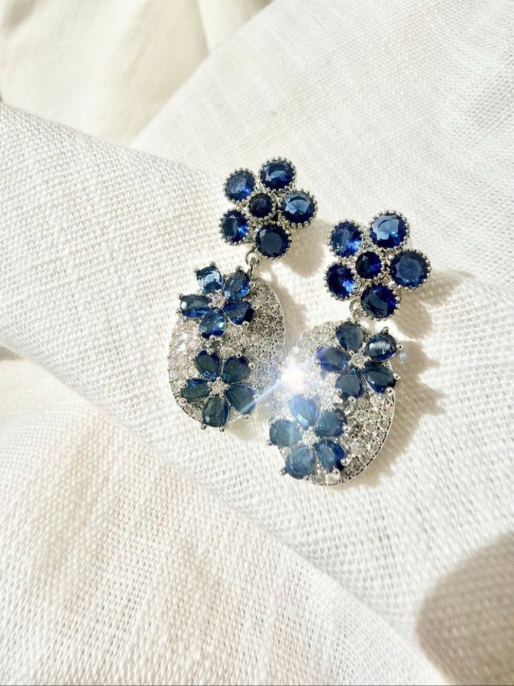 Sapphire Blue CZ Floral Statement Drop Earrings Silver Tone